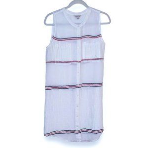 Lucky Brand Sheer White Beach Coverup Gauze Shirtdress Red Blue Tennis Stripes M